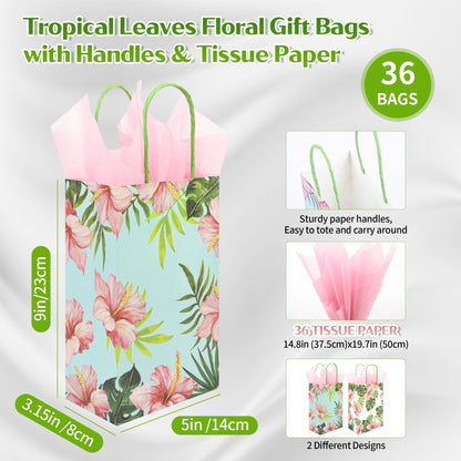 36 Pack Small Hawaiian Tropical Party Favor Gift Bags with Handles 9x5.5x3.15 Inch and 36 Pink Tissue Paper for Luau Parties, Birthdays, Weddings, Baby Showers, Bridal Showers (2 Designs Assorted)