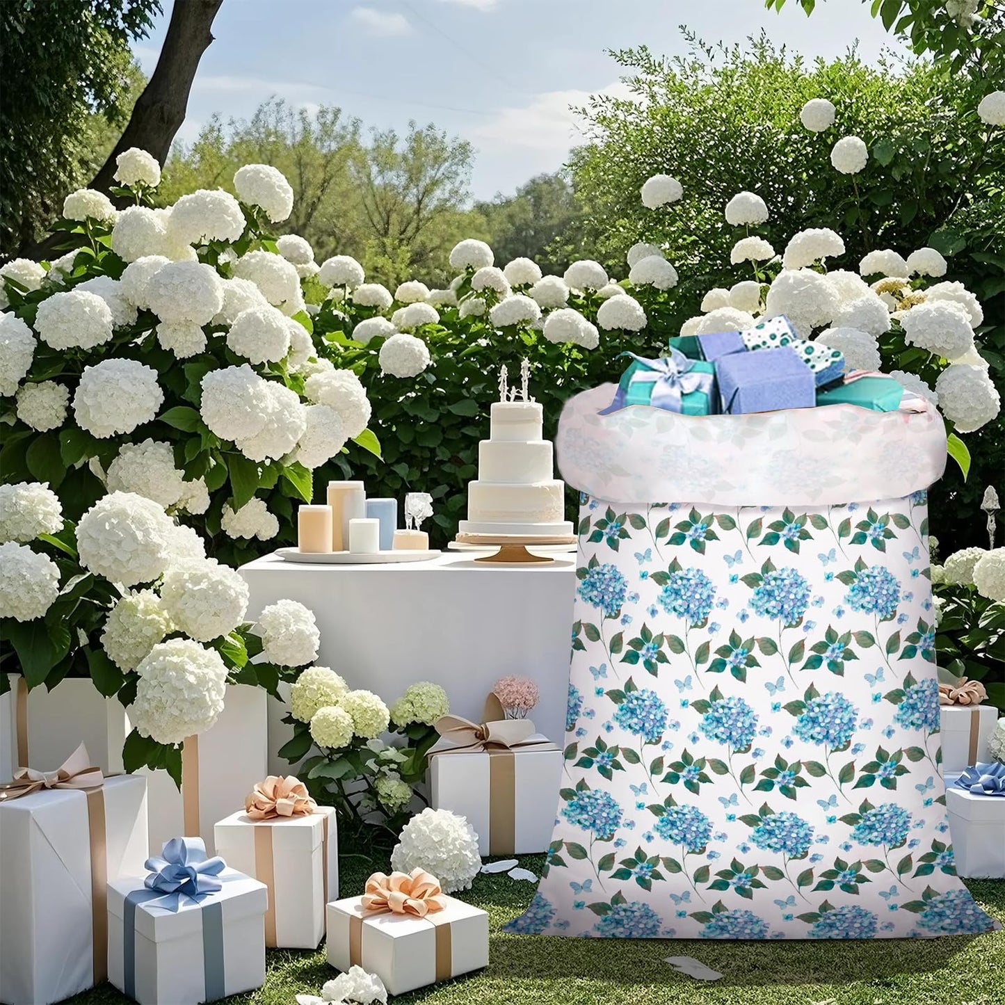 WRAPAHOLIC 56" Large Hydrangea Floral Plastic Gift Bag - Blue Hydrangea Flower Jumbo Bike Bag Gift Wrap for Wedding, Birthday, Bridal Shower, Tea Party - 56" H x 36" W