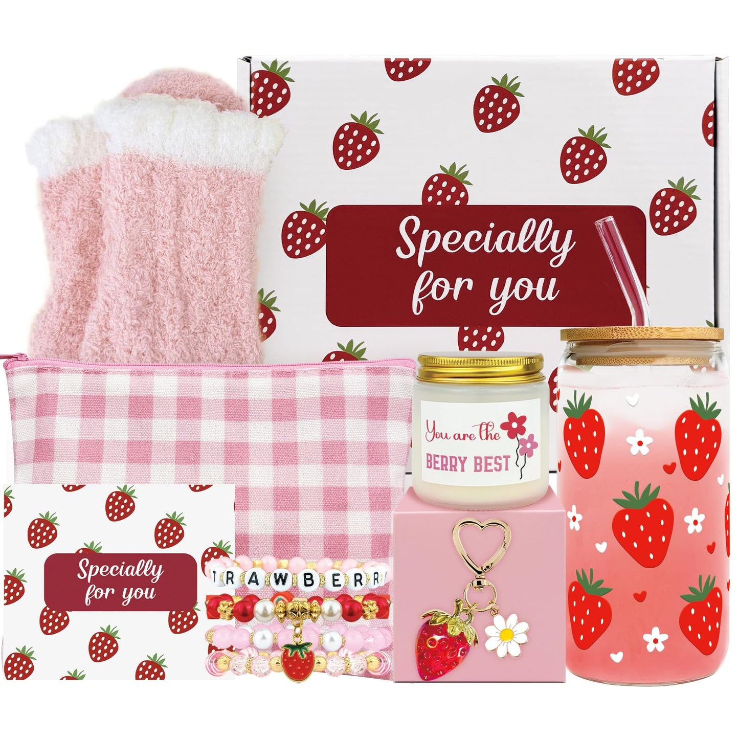 Strawberry Gifts for Women – 8 PCS Aesthetic Stuff Set for Her - Cute Birthday Gifts for Friends - Strawberry Accessories Set Includes Coffee Cup for Galentines Valentines