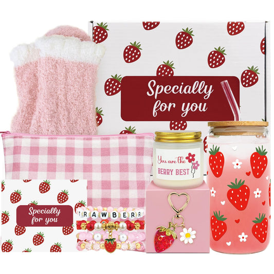 Strawberry Gifts for Women – 8 PCS Aesthetic Stuff Set for Her - Cute Birthday Gifts for Friends - Strawberry Accessories Set Includes Coffee Cup for Galentines Valentines
