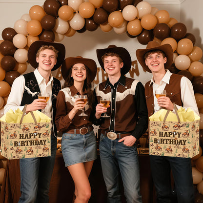 Wauprant Cowboy Birthday Gift Bags,Brown Western Rodeo Cowboy Wrapping Paper Gift Bag with Handles Greeting Card and Paper,Riding Horse Wild West Party Decoration for Men Birthday Western Theme Party