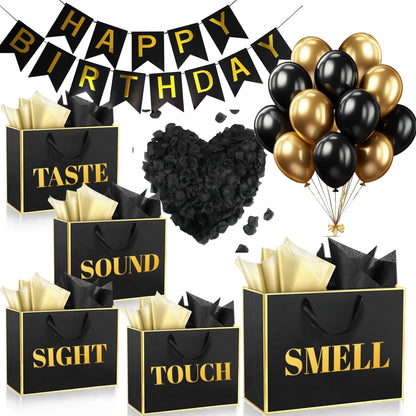 5 Senses Gift Bags For Him With Tissue Paper Rose Petals and Happy Birthday Banner Balloons for Birthday ,Wedding,Anniversary Party Decoration