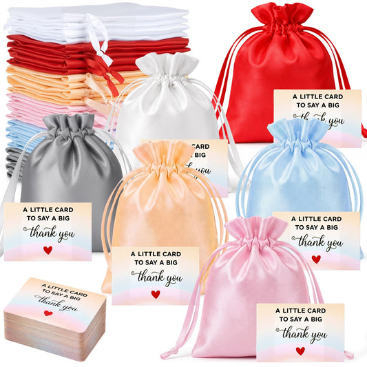 Yoojahow 24 Sets Small Thank You Satin Gift Bags with Card 4x4.7 Inch Drawstring Jewelry Bags Mini Silk Jewelry Gift Pouch Candy Bracelet Pouch for Wedding Bridal Baby Shower Party Multiple Colors