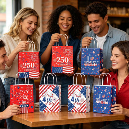 Qpout 12PCS 250th Anniversary Patriotic Gift Bags, Double Sided 1776-2026 Red White Blue Paper Bags with Handles, Bulk 4th of July Favor Bags for Independence Day, Memorial Day, Parades, Patriotic Holiday Party Supplies