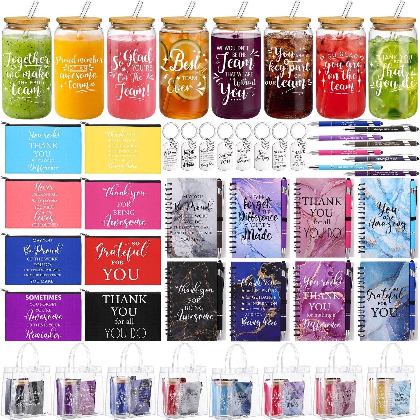 8 Set/48 Pcs Employee Appreciation Gifts Bulk with Gift Bags Colorful Marble Style Notebook Pen 16oz Glasses Cup Makeup Bag Keychain- Women Assistants Secretary Coworker Nurses Team