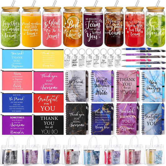 8 Set/48 Pcs Employee Appreciation Gifts Bulk with Gift Bags Colorful Marble Style Notebook Pen 16oz Glasses Cup Makeup Bag Keychain- Women Assistants Secretary Coworker Nurses Team