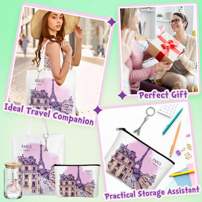 Chuangdi 4 Pcs Paris Souvenirs Gifts Set France Travel Canvas Bag Cosmetic Bag 16 oz Tumbler and Keychain Paris City for Traveler Friend Lover Sister Gifts