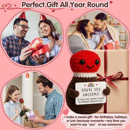 Funny Birthday Gifts for Sushi Lovers Men Women, Crochet Soy Sauce You're Soy Awesome Unique for Boyfriend Girlfriend, Novelty Japanese Foodie Desk Decor & Mothers Day