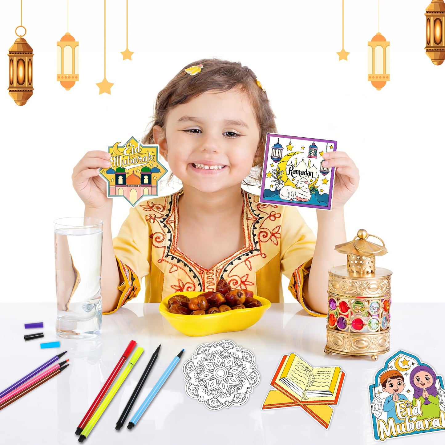 HOWAF 24 PCS Ramadan Crafts Fridge Magnet Kit, Color Your Own Eid DIY Fridge Magnet Include 24 Magnet Paint Pens Eid Mubarak Gifts for Kids Party Supplies Home School Activities
