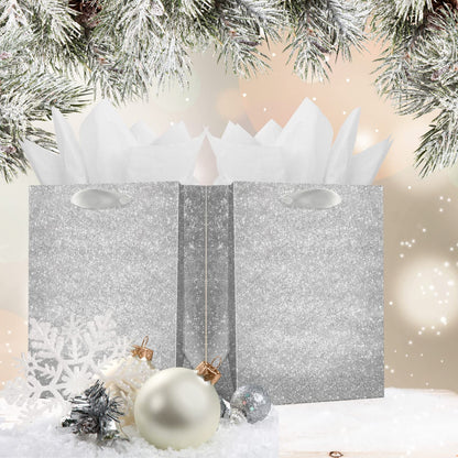 UNIQOOO 12Pcs Embossed Silver Glitter Christmas Gift Bags with 24 Tissue Paper Bulk, M 9x7 Inch, Xmas Silver Gift Wrap Bags, Wedding Bridal Baby Shower Favor Bag Gift Packaging, Birthday Holiday Party