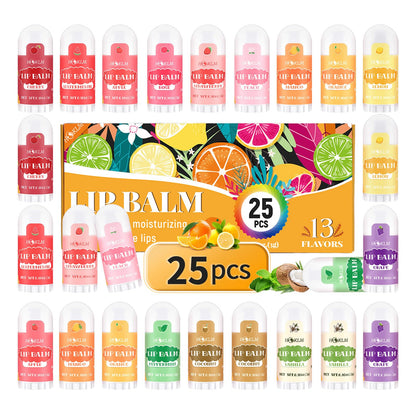 Mini Lip Balm 25 Pack, Natural Lip Balms with Vitamin E and Coconut Oil. Moisturizes for Dry Lips, Perfect for Christmas Gifts, Party Favors, Gift Bags and Small Gifts-13 Flavors