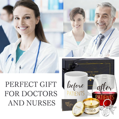 Before Patients After Patients Gift Set 11 oz Coffee Mug and 18 oz Stemless Wine Glass Set Gifts for Doctors, Nurses, Hygienists, Physician Dentist, Graduation Gifts