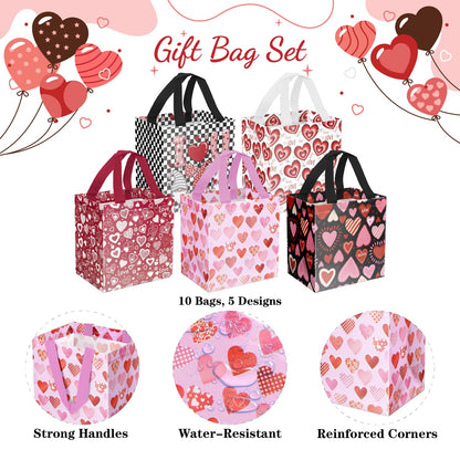 XiaosRen 10PCS Love Heart Valentine's Day Reusable Gift Bags, Non-Woven Valentines Tote Bags with Handles for Presents Wrapping, Kids Valentine Party Favor.