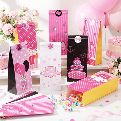 Motiskyy 30 Pcs Pink Mouse Birthday Party Favor Bag with Stickers 8.66" x 4.72" Goodie Bags Gift Bag Paper for Pink Mouse Theme Birthday Decorations Candy Snack Giving Party Supplies, 6 Style