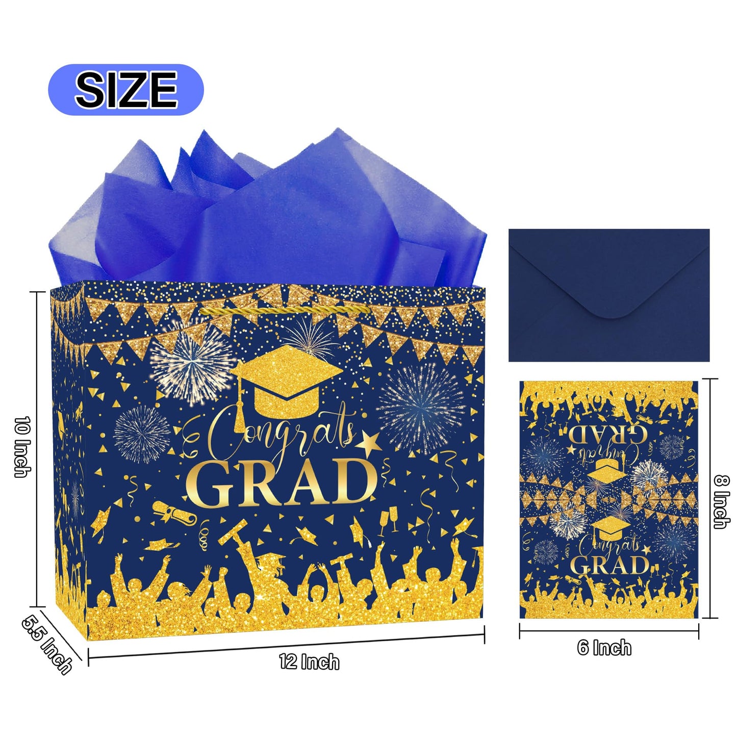 Congrats Gift Bag Class of 2026 - Graduation Gift Bag Blue and Gold Congrats Grad Bags with Card Tissue Paper Envelope Congratulations Gifts Bag for Men Women Student Teacher College Graduation 12 Inch