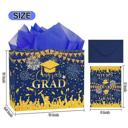Congrats Gift Bag Class of 2026 - Graduation Gift Bag Blue and Gold Congrats Grad Bags with Card Tissue Paper Envelope Congratulations Gifts Bag for Men Women Student Teacher College Graduation 12 Inch