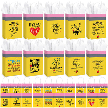 Motipuns 20 Sets Teacher Appreciation Gift Bags with Handles and Tissue Paper Best Teacher Ever Kraft Bags Thank You Gift for End of School Graduation Classroom Retirement, 5.9 x 3.15 x 8.27 Inch