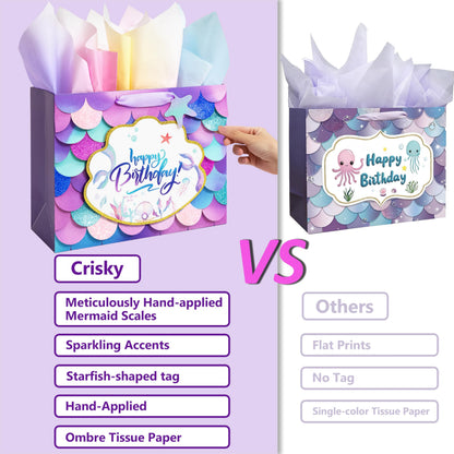 Crisky Mermaid Birthday Gift Bags for Girls with Tissue Paper and Seashell Card - 3 D Bling Design - Mermaid Gift Bag for Kids Women Birthday Decorations Purple Party Supplies Gifts Ideas