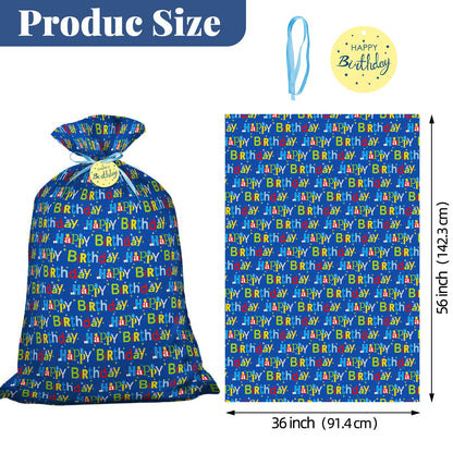 Laidans 56" Extra Large Blue Plastic Gift Bag, Jumbo Happy Birthday Gift Bag with Tag and Tie for Boy Kids Birthdays Parties or Holiday