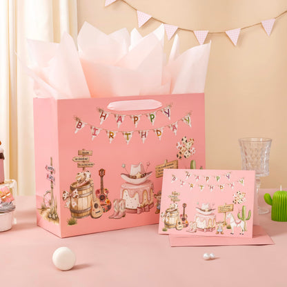 Crisky Large Cowgirl Birthday Bags for Girls with Card and Tissue Papers, Pink Bear Large Girl Birthday Gift Bag for Western Cowgirl Party Favors Decorations Bday Gifts, 13"