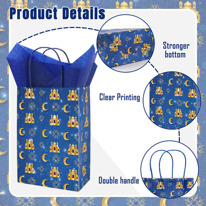 FYSUIMU 16Pcs Eid Mubarak Paper Bags with 20 Sheets Tissue Paper Gold Mosque Moon Star Treat Bags with Handles Candy Goodie Bags for Ramadan Muslim Party Favors Supplies
