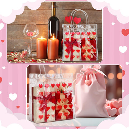 Uiifan 24 Valentines Day Clear PVC Gift Bags Valentines Transparent Heart Sayings Gift Bags with Handle Galentines Day Gifts Reusable Wrap Tote(Red)