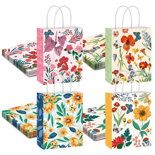 woric 20 Pack Floral Gift Bags with Handles, 4 Styles Vintage Flower Paper Bag Bulk for Spring Party Favors Weddings Graduation Baby Shower Birthday(8.26"x6.29"x3.14")