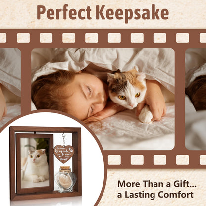 Cat Memorial Gifts for Loss of Cat - Rotating Wooden Frame for 4x6 Photo & Fur Hair Jar - Sympathy Gift for Pet Bereavement, Remembrance Keepsake - Rainbow Bridge Gift for Cat Lovers