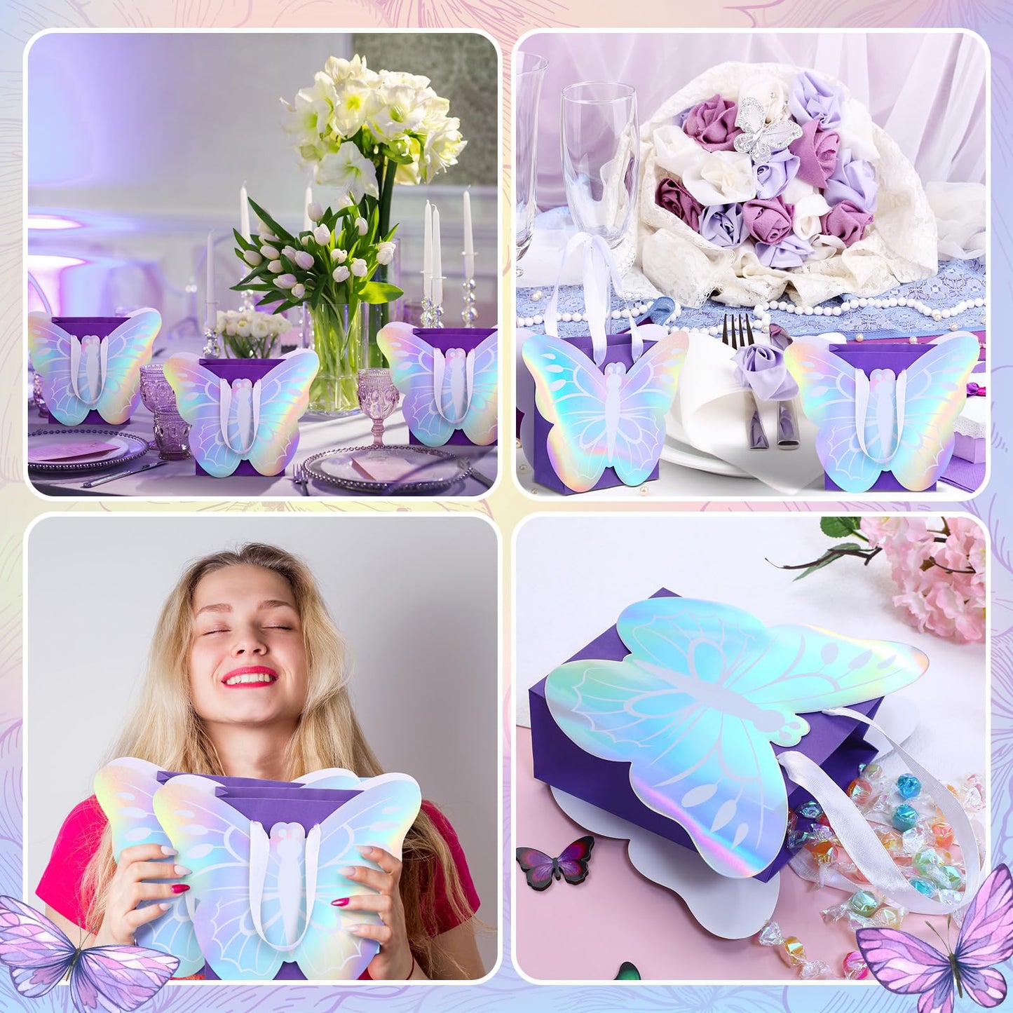 Sweetude 12 Pcs Holographic Butterfly Party Favor Bags Iridescent Purple Butterfly Goodie Bags for Spring Birthday Gift Treat Candy Baby Shower Party Bridal Showers Supplies