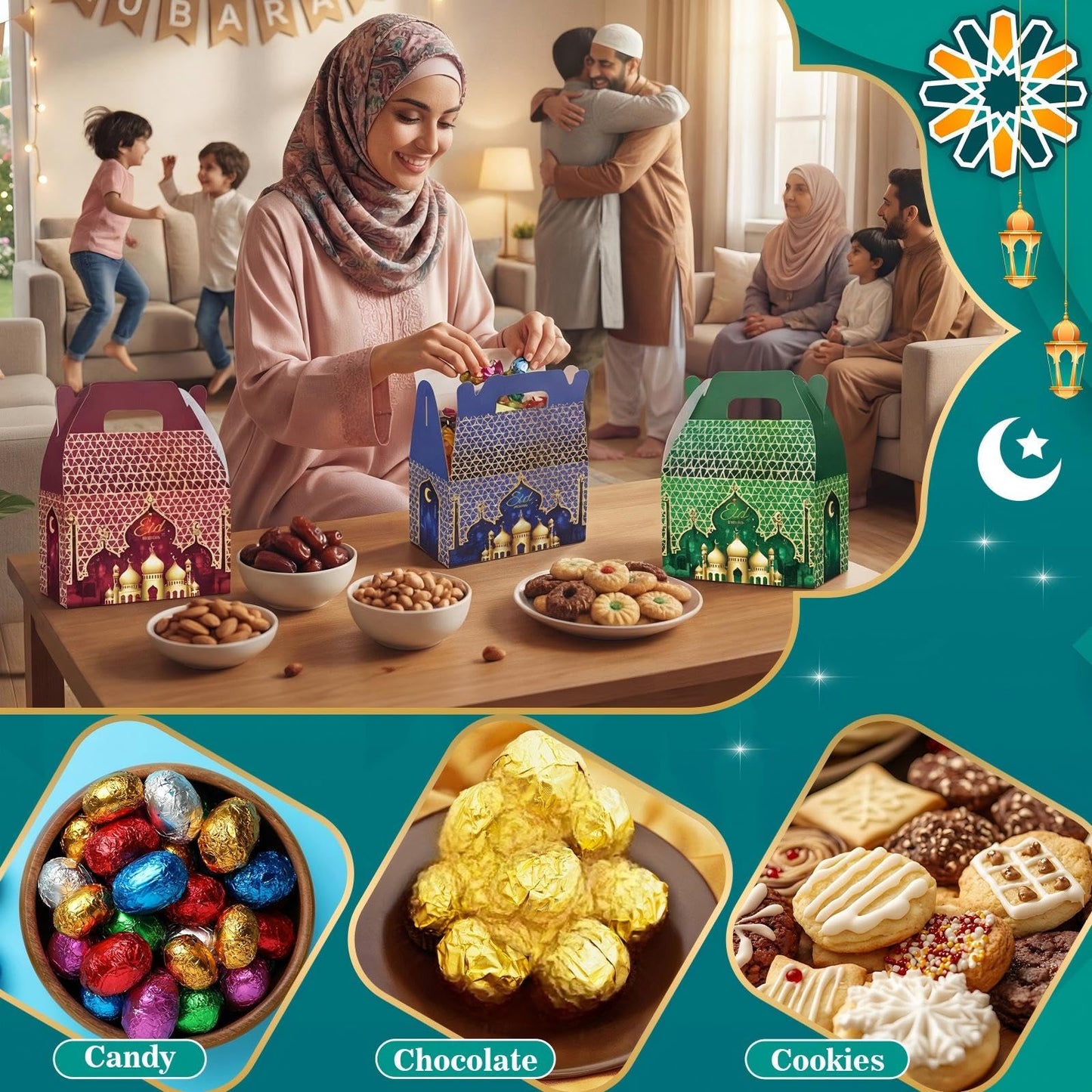 FunooFuno 12 Pcs Ramadan Eid Treat Box Mubarak Gift Box Castle Star Moon Lantern Ramadan Mubarak Goodie Candy Paper Bag for Muslim Eid Al Fitr Party Supplies