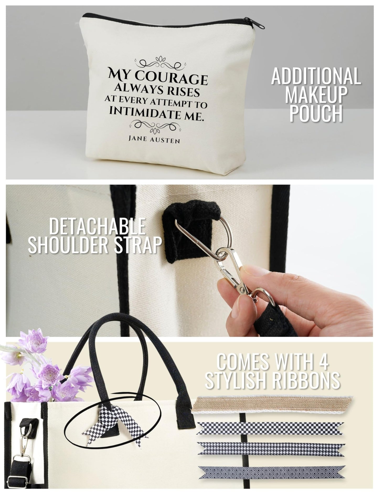 InnoBeta Jane Austen Gifts, Canvas Tote Bag, Jane Austen Bag with Top Zipper Closure and Shoulder Strap for Birthday, Mother's Day, Christmas
