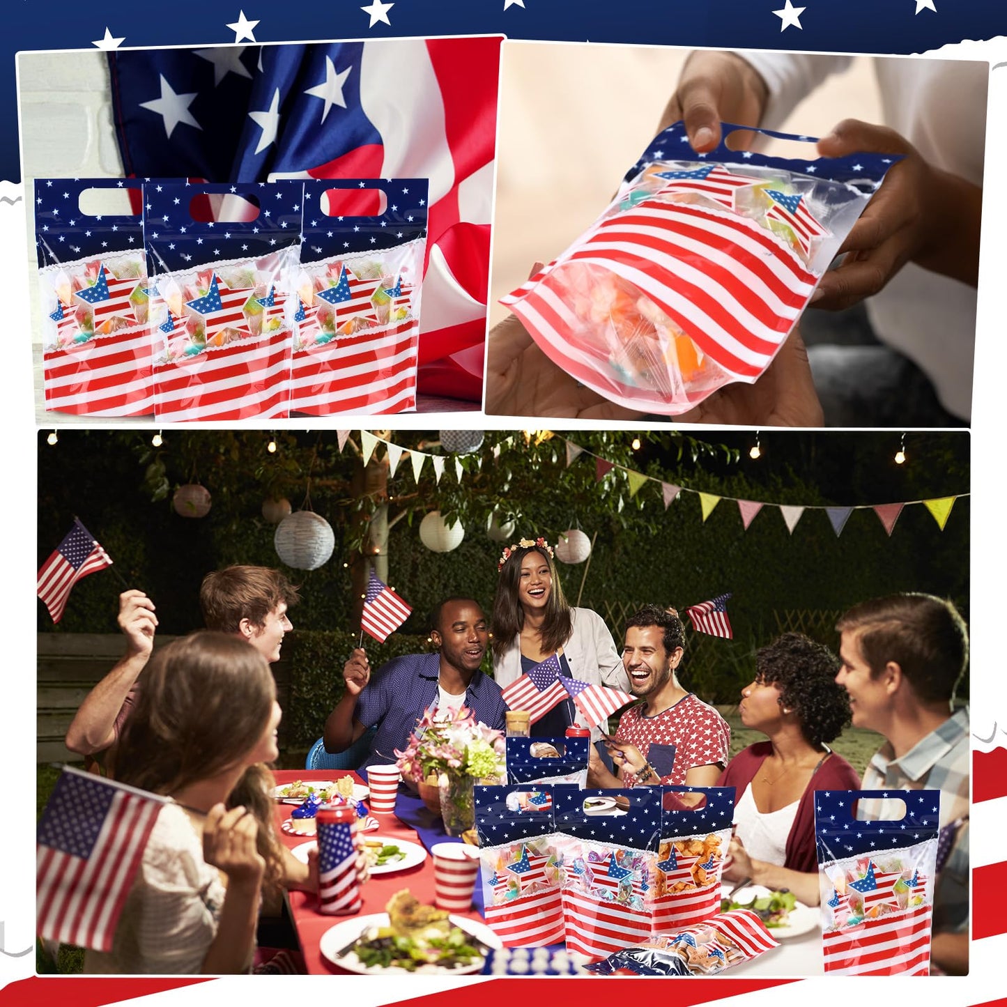 Fuutreo 50 Pcs 250th Anniversary Bags Patriotic Clear Sealed Pouches with Handles Resealable 4th of July Plastic Gift Bag for Independence Day Memorial Labor Day Candy Gift Wrap Supplies Decoration
