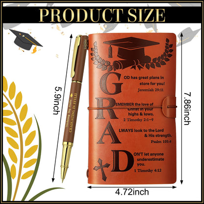 2Pcs Christian Graduation Leather Notebook Pen 120 Pages Bible Verses Inspirational Notebook Graduation Christian Gifts 2026 High School College Congratulations Grad for Women Men(Brown)
