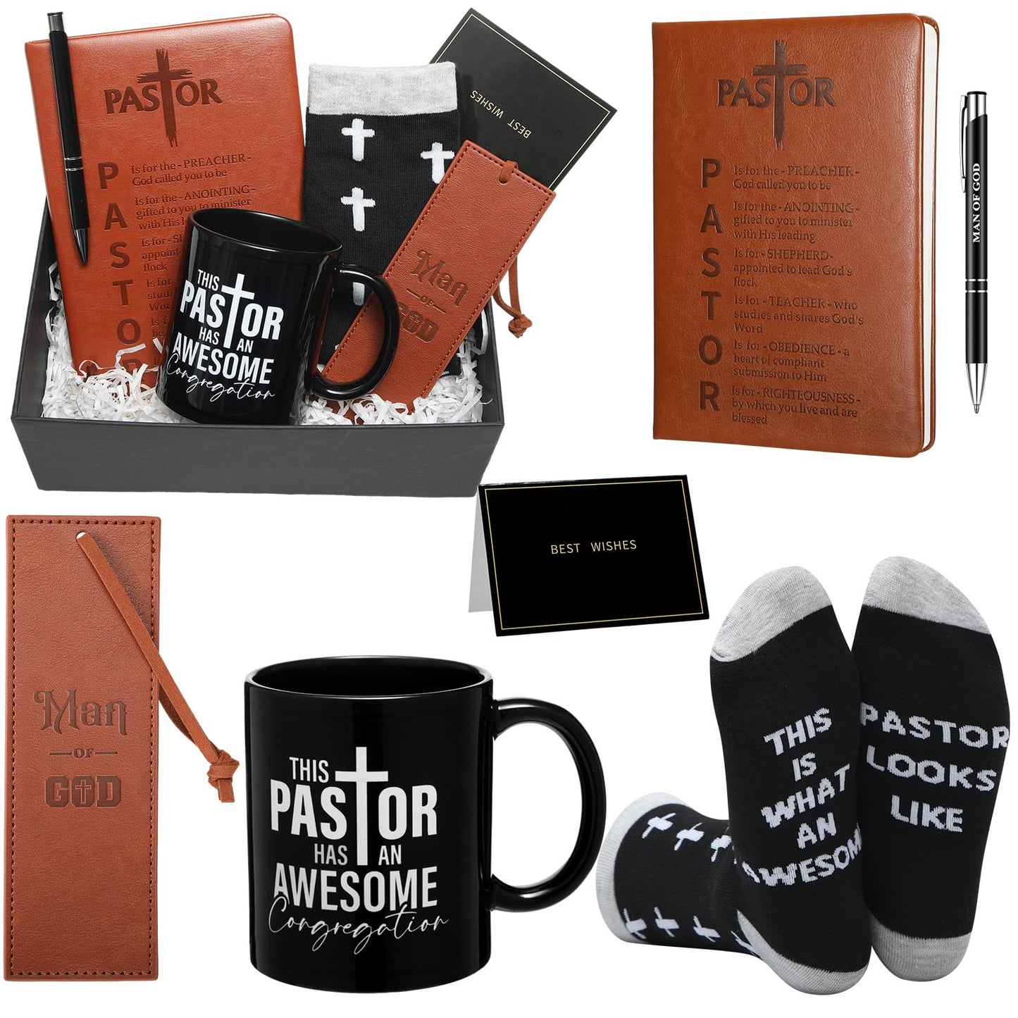 7 Pcs Pastor Appreciation Gift for Men Christian Pastor Gift Includes Leather Journal Man of God Bookmark Pen 11 oz Coffee Mug Cross Crew Socks Box for Birthday Fathers Day(Brown and Black)