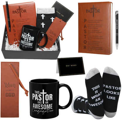 7 Pcs Pastor Appreciation Gift for Men Christian Pastor Gift Includes Leather Journal Man of God Bookmark Pen 11 oz Coffee Mug Cross Crew Socks Box for Birthday Fathers Day(Brown and Black)