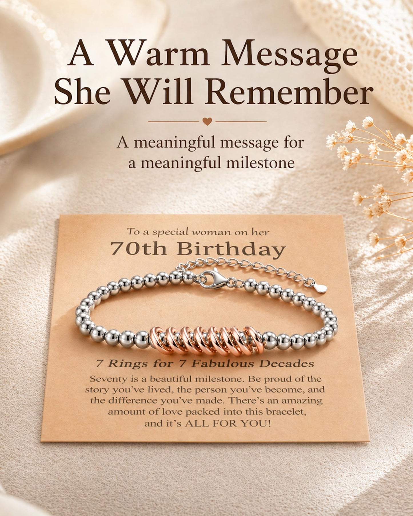 Classy 30th 40th 50th 60th 70th Birthday Gifts for Women Her, Inspirational Rose Gold Charm Bracelet Gifts for 30 50 60 Year Old Women Happy Birthday with Message Card