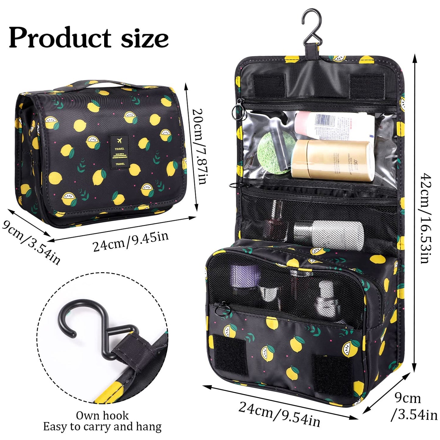 Pengxiaomei Hanging Toiletry Bag, Black Waterproof Cosmetic Bag Portable Lemon Makeup Pouch Travel Wash Bag with Handle for Kids Teen Girls Birthday Mothers Day Gifts