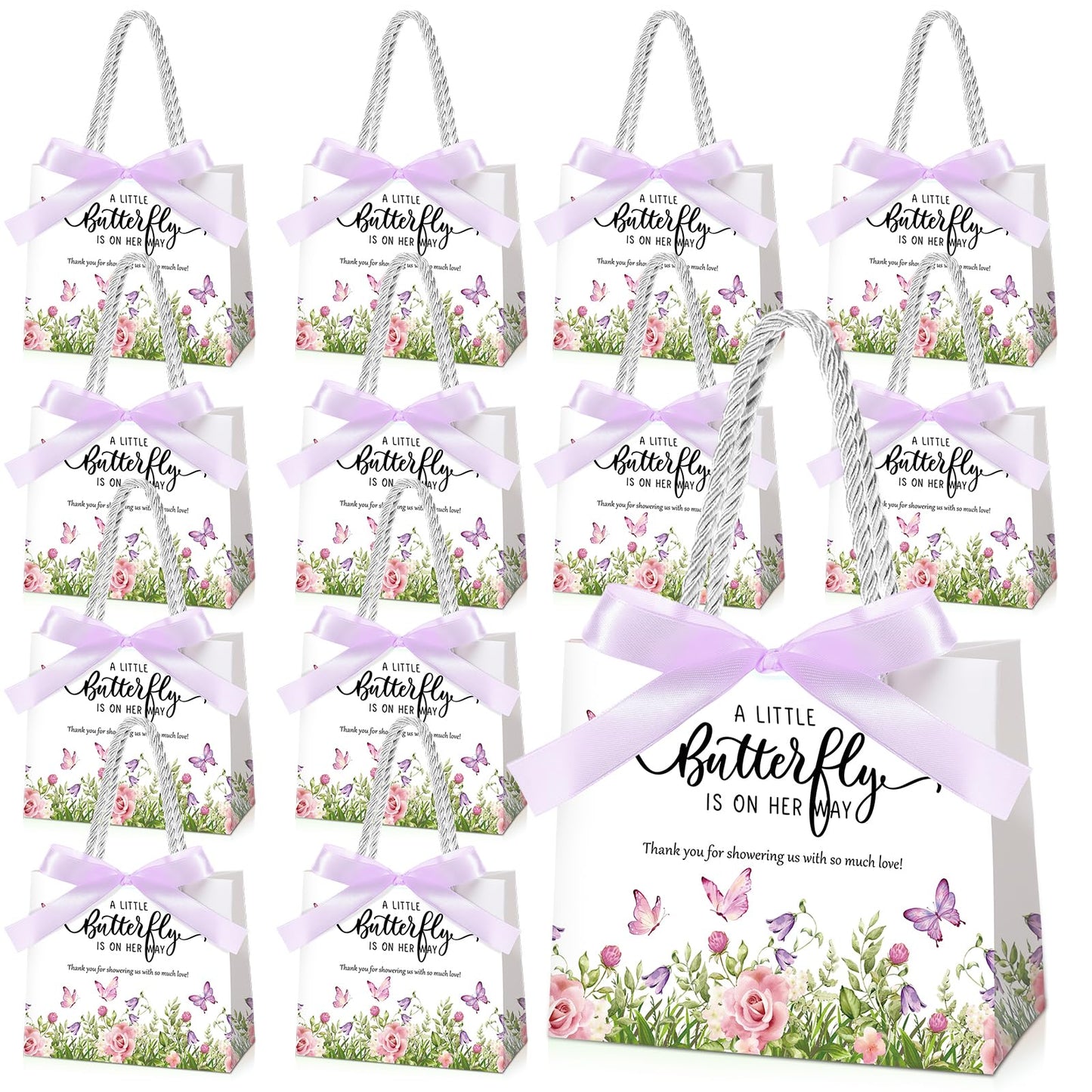 Spakon 25 Pack Butterfly Baby Shower Favors Gift Bags Goodie Bags with Handles and Bow Ribbon for Baby Shower Return Gift