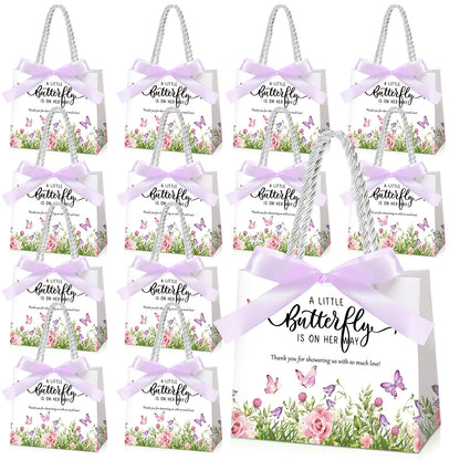 Spakon 25 Pack Butterfly Baby Shower Favors Gift Bags Goodie Bags with Handles and Bow Ribbon for Baby Shower Return Gift
