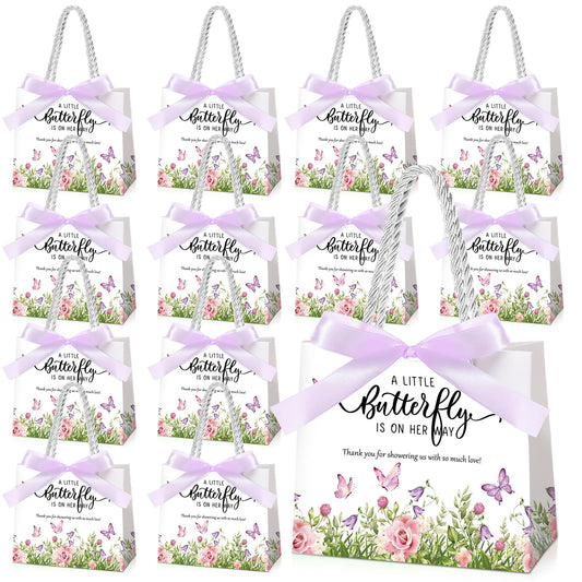 Spakon 25 Pack Butterfly Baby Shower Favors Gift Bags Goodie Bags with Handles and Bow Ribbon for Baby Shower Return Gift