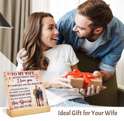 Romantic Gift for Wife Plaque with Wooden Stand, Love Quote Sign for Wife, Anniversary Birthday Valentine’s Day Christmas Gift for Her Decor