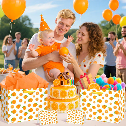 Little Cutie Party Gift Bag Orange Wrapping Paper with Tissue Paper Greeting Card Fruit Theme Birthday Party Treat Goodie Bag for Little Cutie Baby Shower Decorations Wedding Birthday Summer Party