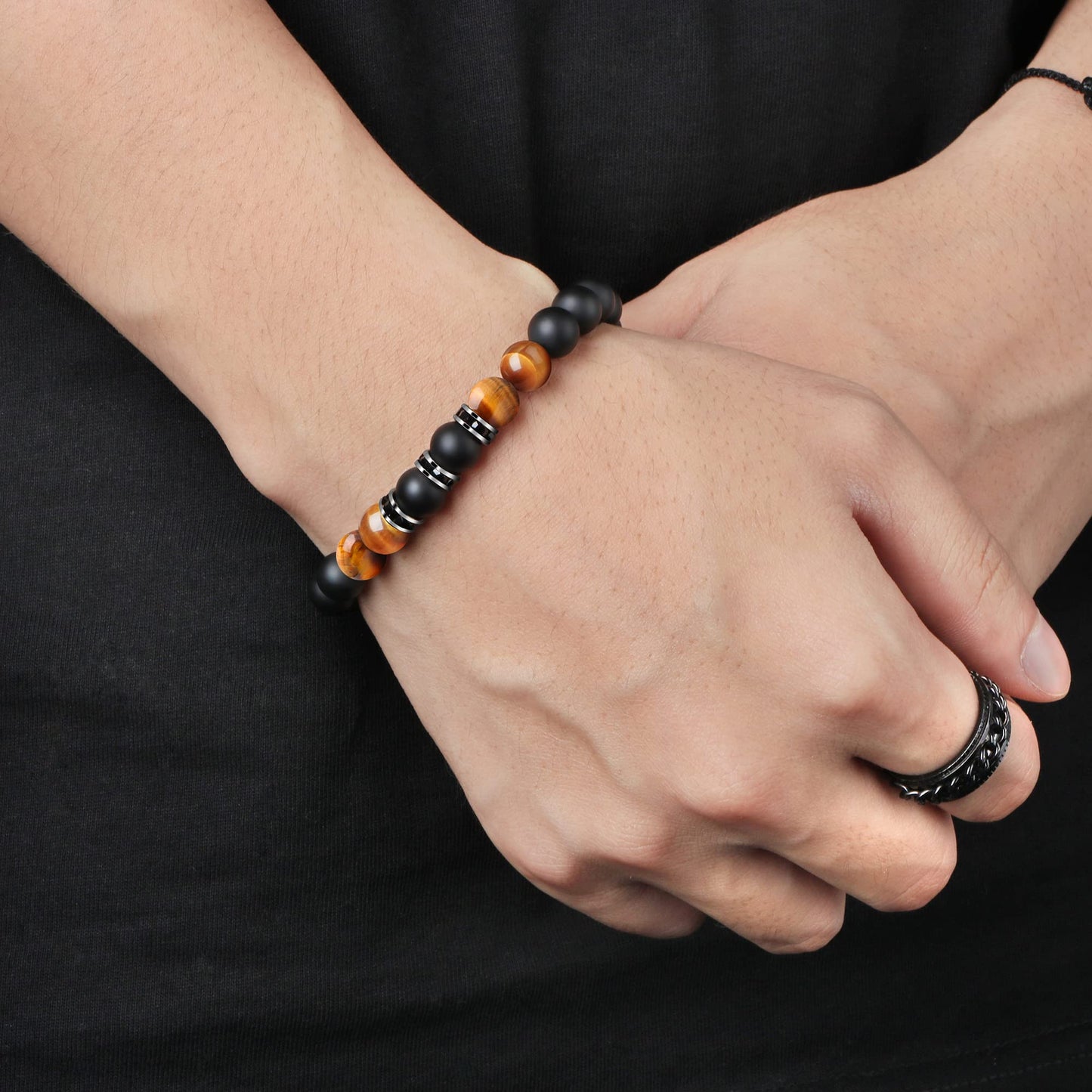 JoycuFF Gifts for Men Natural Tiger Eye Black Matte Agate Bracelets, Fathers Day Anniversary Christmas Birthday Gifts for Him Boyfriend Husband Brother from Girlfriend Wife, To My Man Bead Bracelets