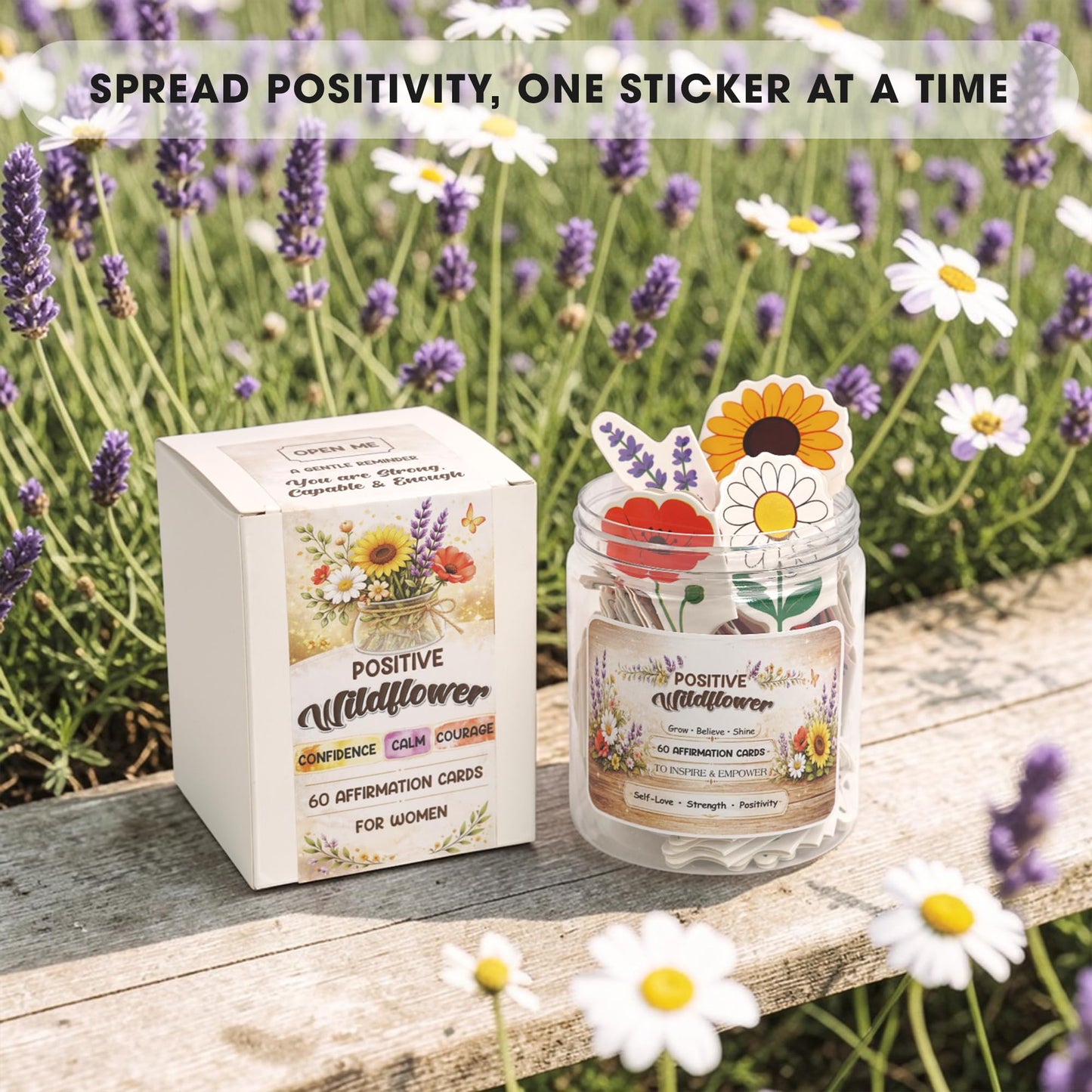 Birthday Gifts for Women, Positive Wildflower Affirmation Cards Jar – Sunflower Daisy Lavender Poppy Daily Affirmations, Encouragement Gift, Relaxation & Stress Relief Desk Decor