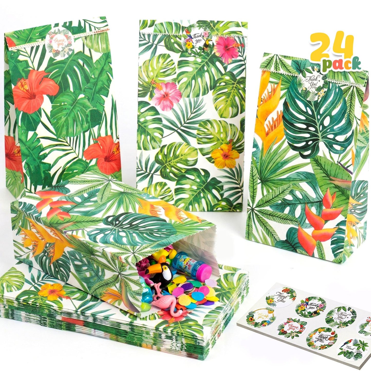 Shindel 24 Pack Tropical Hawaii Party Favor Bags with Stickers - 8.7"x4.7"x3.1" Luau Aloha Goodie Bags, Summer Beach Theme for Kids Birthday Party & Gift Packaging