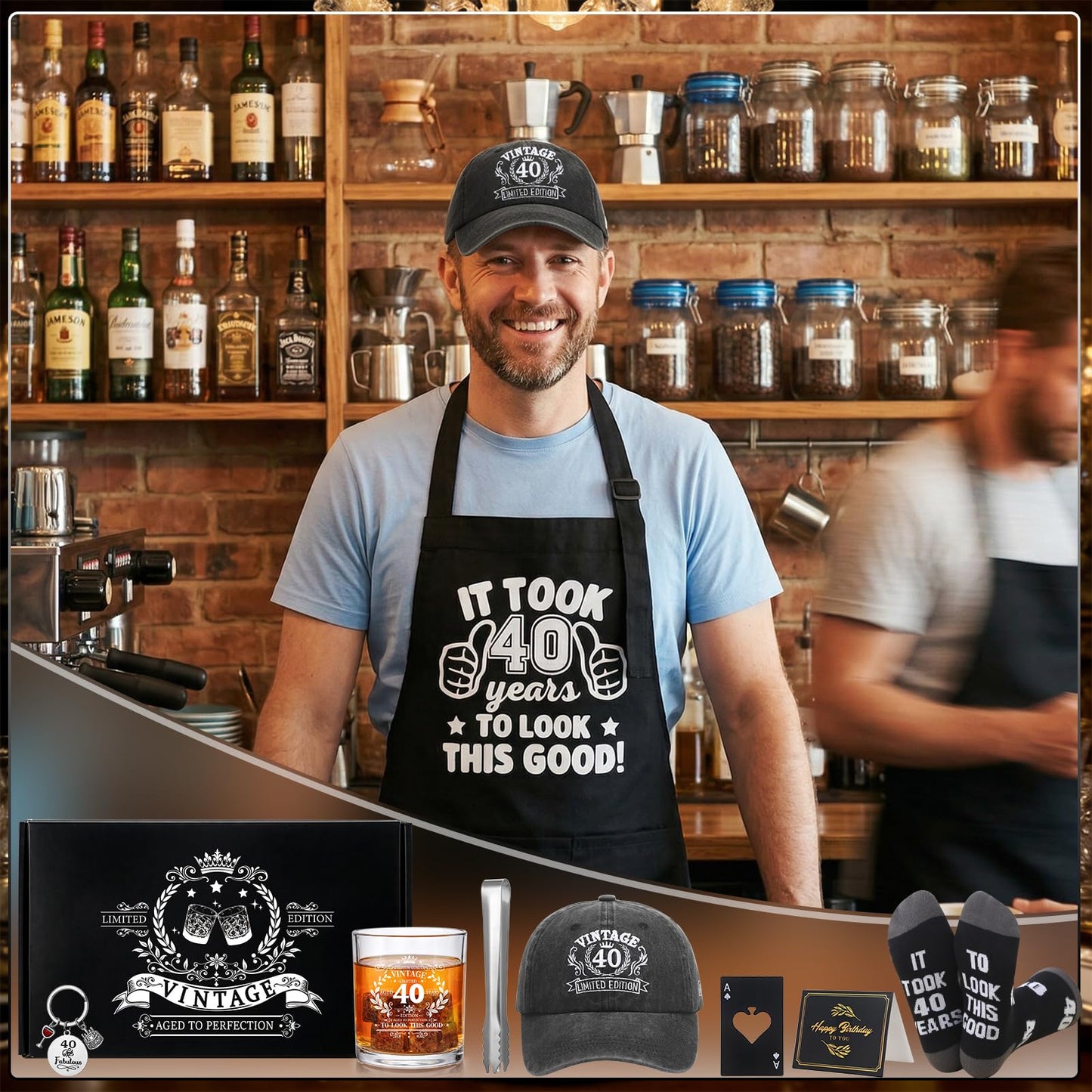 40th Birthday Gifts for Men Whiskey Glass Set with 11 Oz Glass, Stone, Ice Tong, Bottle Opener, Cap, Apron, Socks, Keychain, Greeting Card, 40th Birthday Party Supplies for Him, Dad, Husband