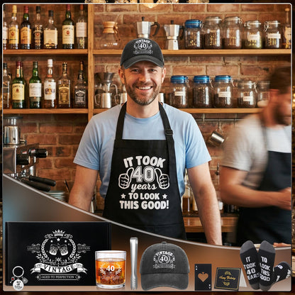 40th Birthday Gifts for Men Whiskey Glass Set with 11 Oz Glass, Stone, Ice Tong, Bottle Opener, Cap, Apron, Socks, Keychain, Greeting Card, 40th Birthday Party Supplies for Him, Dad, Husband