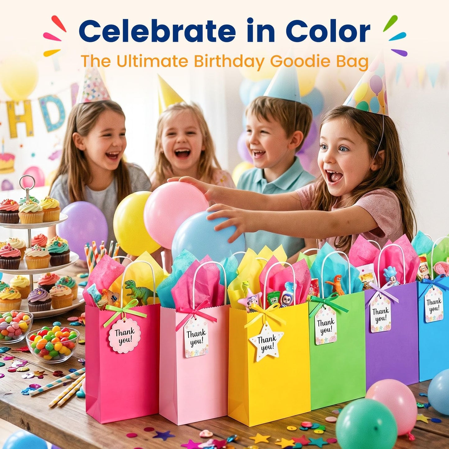 LovesTown 18pcs Small Gift Bags with Handles, 5.8x3.1x8.3 Inch Goodie Bags 6 Colors for Birthdays, Weddings, Classrooms Party Favors
