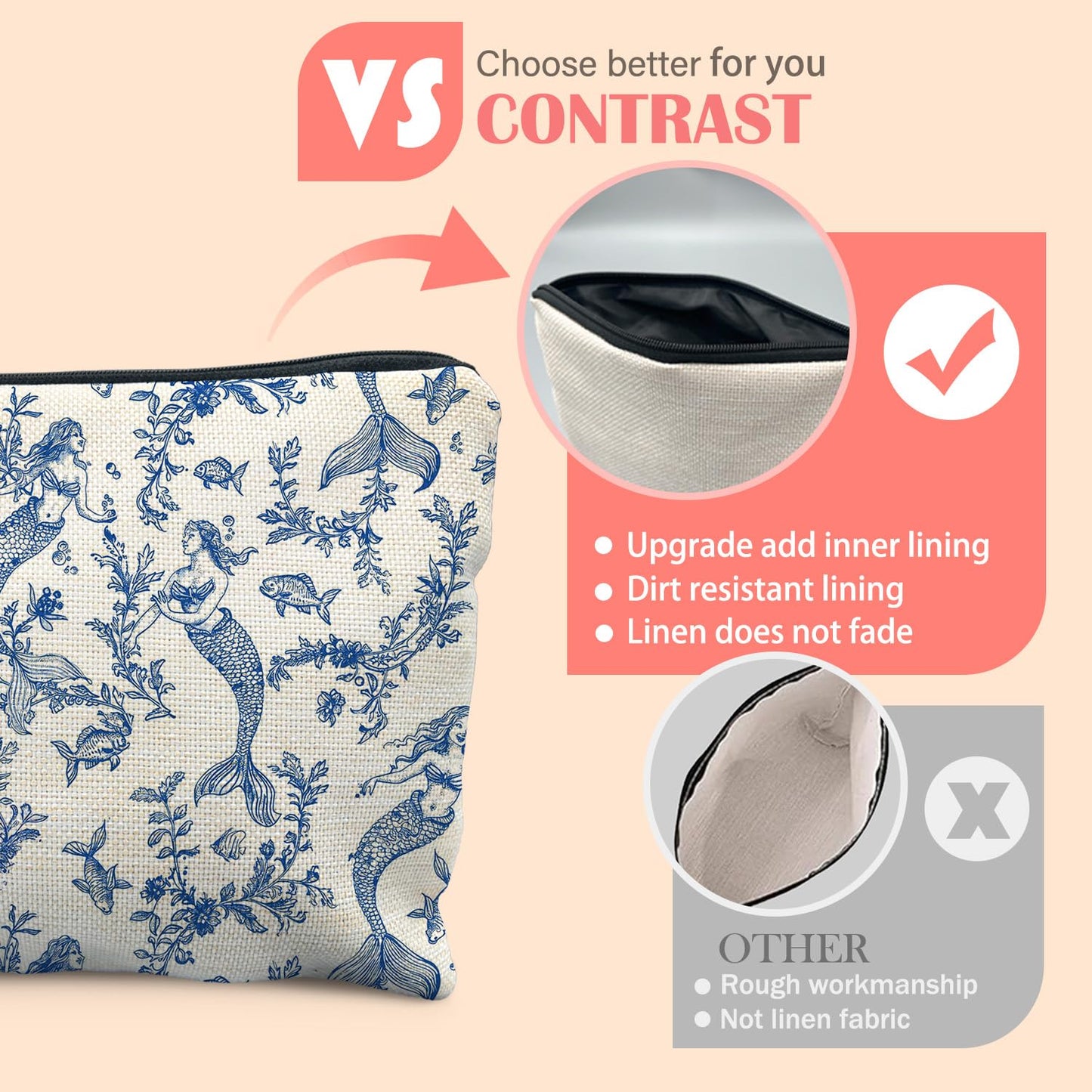 Blue Toile Mermaid Makeup Bag for Women, Mermaid Gifts for Women, Nautical Ocean Coastal Cosmetic Bag for Purse, Preppy Beachy Chinoiserie Makeup Zipper Pouch