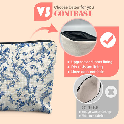 Blue Toile Mermaid Makeup Bag for Women, Mermaid Gifts for Women, Nautical Ocean Coastal Cosmetic Bag for Purse, Preppy Beachy Chinoiserie Makeup Zipper Pouch